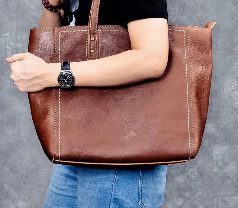 Vintage Genuine Cowhide Leather Tote Bag – Business & Casual Style