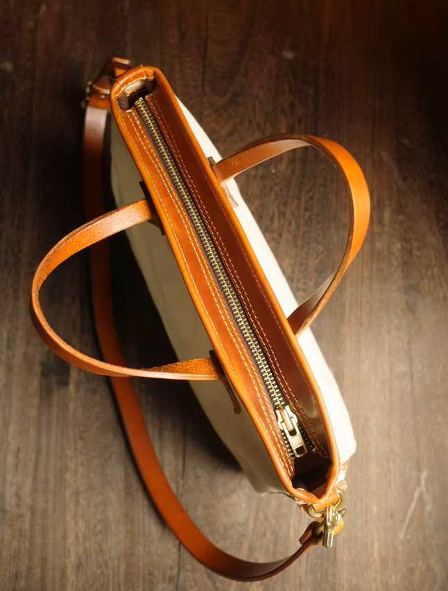 Handmade Vintage Canvas & Cowhide Leather Tote Bag