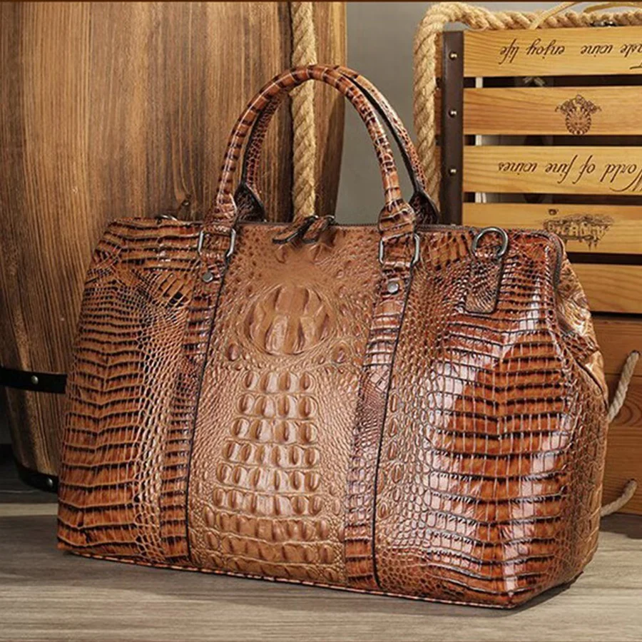 Crocodile-Embossed Leather Travel Bag