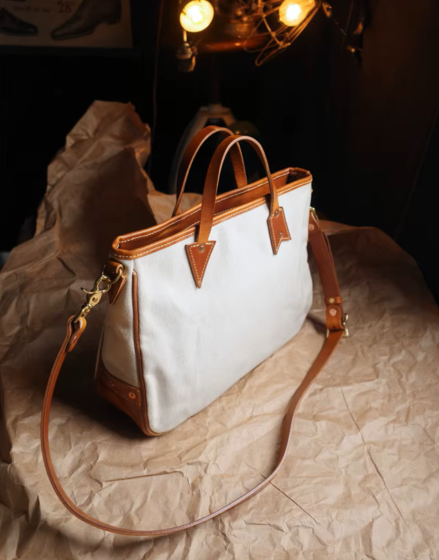 Handmade Vintage Canvas & Cowhide Leather Tote Bag