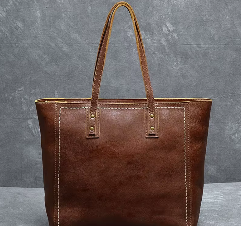 Vintage Genuine Cowhide Leather Tote Bag – Business & Casual Style