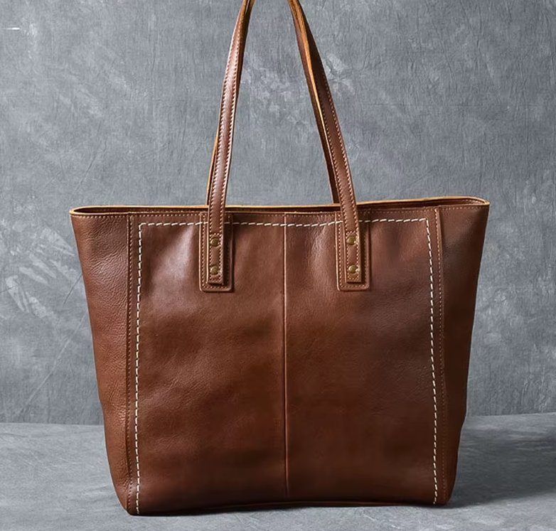 Vintage Genuine Cowhide Leather Tote Bag – Business & Casual Style