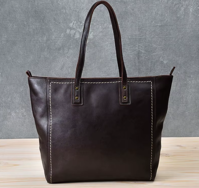 Vintage Genuine Cowhide Leather Tote Bag – Business & Casual Style