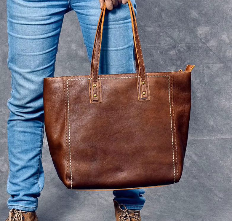 Vintage Genuine Cowhide Leather Tote Bag – Business & Casual Style