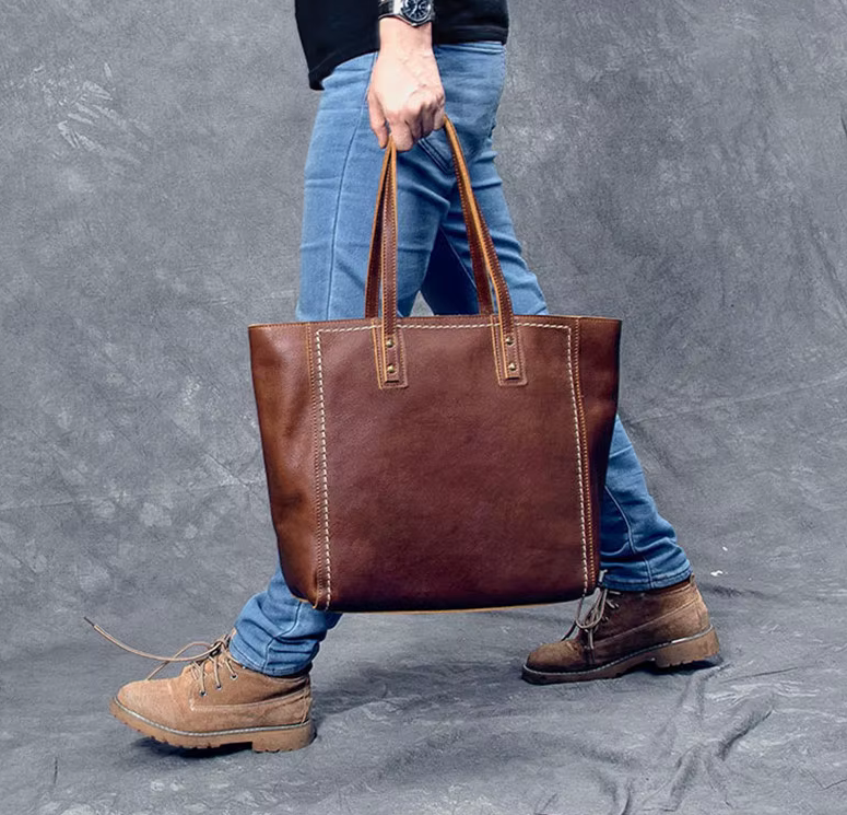 Vintage Genuine Cowhide Leather Tote Bag – Business & Casual Style