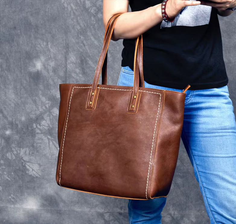 Vintage Genuine Cowhide Leather Tote Bag – Business & Casual Style