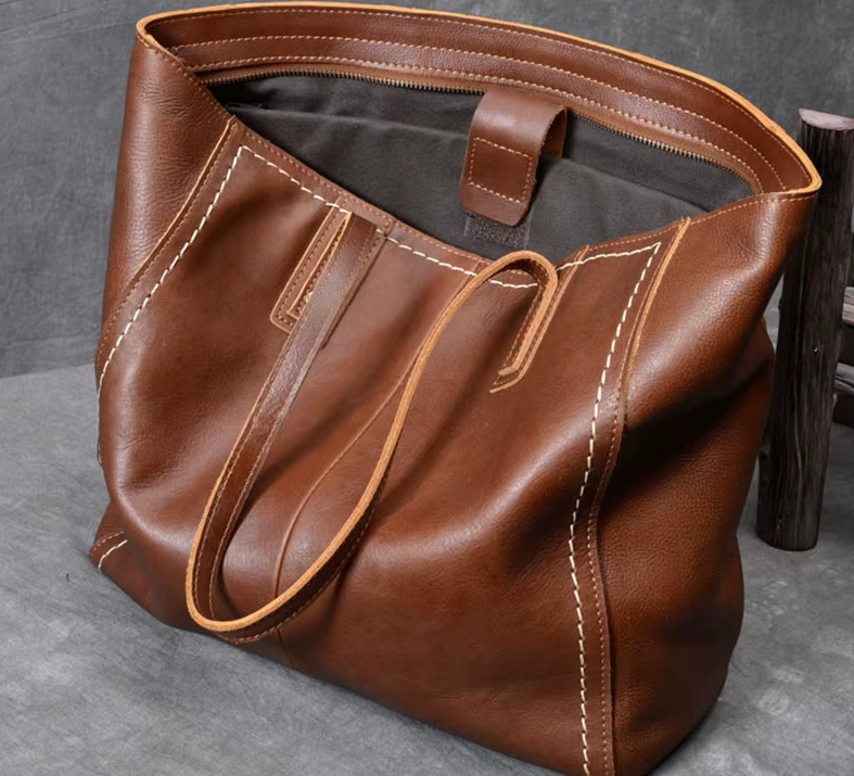 Vintage Genuine Cowhide Leather Tote Bag – Business & Casual Style