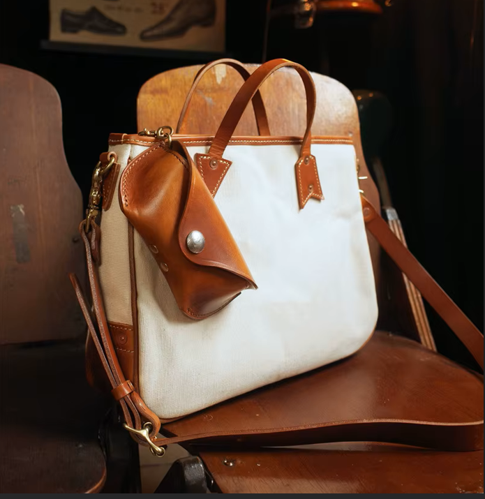 Handmade Vintage Canvas & Cowhide Leather Tote Bag