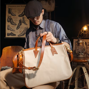 Handmade Vintage Canvas & Cowhide Leather Tote Bag